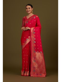 Monjolika Fashion - Dark Pink Banarasi Silk Woven Saree with Unstitched Blouse