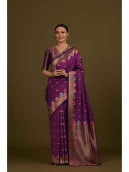 Monjolika Fashion - Dark Violet Banarasi Silk Woven Saree with Unstitched Blouse