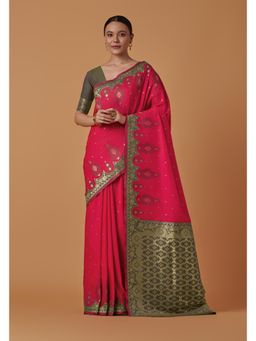 Monjolika Fashion - Pink Banarasi Silk Woven Saree with Unstitched Blouse