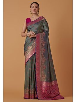 Monjolika Fashion - Olive Banarasi Silk Paisley Saree with Unstitched Blouse