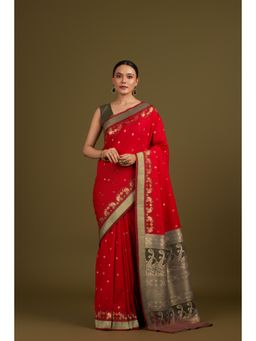 Monjolika Fashion - Red Banarasi Silk Paisley Saree with Unstitched Blouse