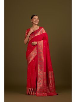 Monjolika Fashion - Hot Pink Banarasi Silk Woven Saree with Unstitched Blouse