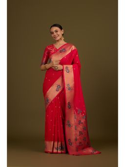 Monjolika Fashion - Pink Woven Banarasi Silk Woven Saree with Unstitched Blouse