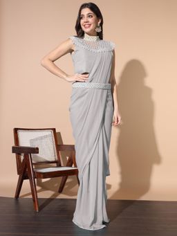 Chhabra 555 - Pre-Draped Saree with Stitched Blouse and Necklace with Belt