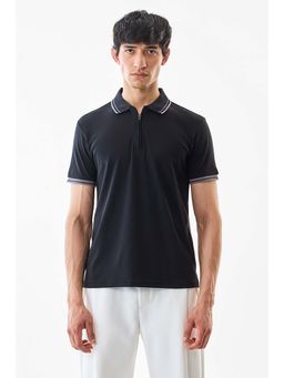Snitch - Men Black Cotton Blend Solid Slim Fit Polo T-Shirt