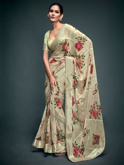 Odette - Womens Georgette Beige Printed Saree with Unstitched Blouse