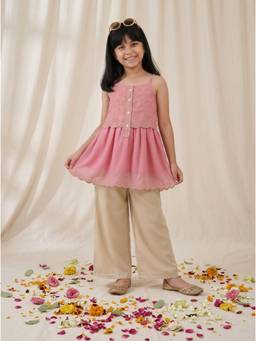 Tales & Stories - Girls Pink Embroidered Georgette Top with Pant
