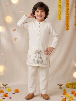 Tales & Stories - Boys Cream Embroidered Viscose Kurta with Pant