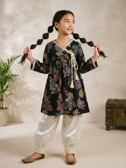 Tales & Stories - Girls Black Printed Viscose Kurta with Salwar