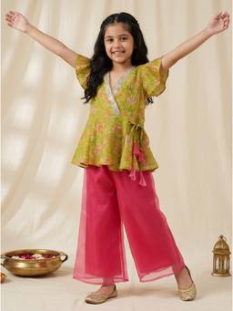 Tales & Stories - Girls Green Printed Viscose Top with Palazzo