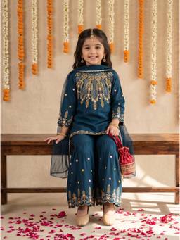 Bella Moda - Girls Navy Blue Floral Cotton Kurta and Sharara with Dupatta