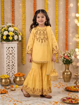Bella Moda - Girls Yellow Floral Cotton Kurta and Sharara with Dupatta