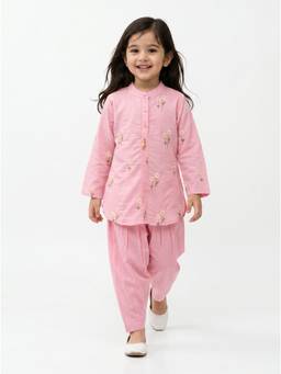 Bella Moda - Girls Pink Embroidered Cotton Kurta with Salwar