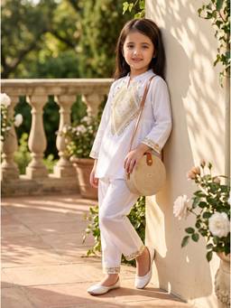 Bella Moda - Girls White Embroidered Cotton Kurta with Pant
