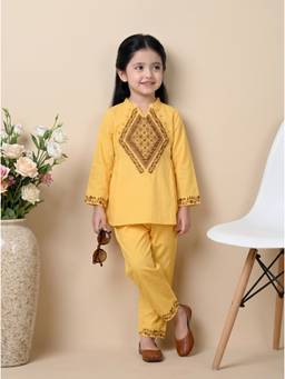 Bella Moda - Girls Yellow Embroidered Cotton Kurta with Pant