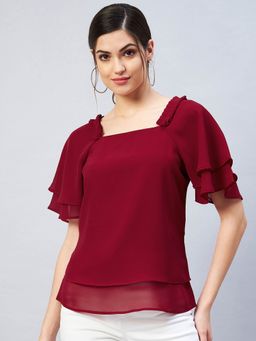 RARE - Women Casual Maroon Colour Square Neck Solid Regular Top