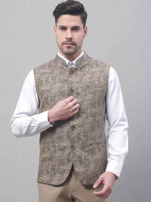 Cantabil Floral Beige Waist Coat For Men