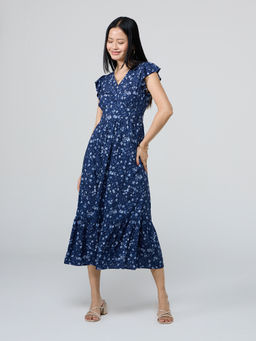 Twenty Dresses by Nykaa Fashion - Ink Blue Short Frill Sleeves Button Down Midi Dress
