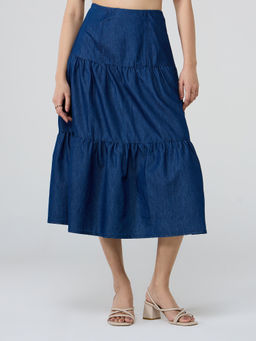 Twenty Dresses by Nykaa Fashion - Dark Blue High Waist Tiered Midi Skirt
