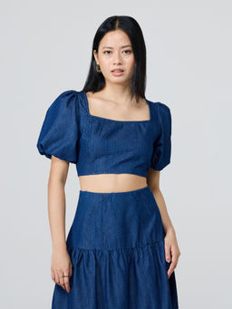 Twenty Dresses by Nykaa Fashion - Dark Blue Short Balloon Sleeves Panelled Top