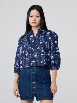 Twenty Dresses by Nykaa Fashion - Dark Blue Printed Mandarin Collar Pintuck Shirt
