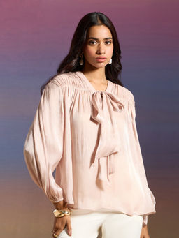 RSVP by Nykaa Fashion - Beige Shimmered Full Puff Sleeves Straight Top