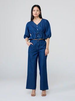 Twenty Dresses by Nykaa Fashion - Dark Blue Denim Top High Waist Trousers Co Ord (Set of 2)