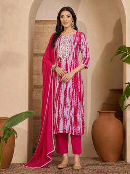Aaghnya - Women's Pink Viscose Rayon Tie-Dye Print Straight Kurta with Pant and Dupatta