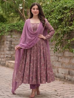 Aaghnya - Purple Viscose Rayon Printed Anarkali Anarkali Kurta with Pant and Dupatta
