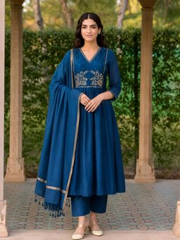 Aaghnya - Blue Viscose Blend Embroidered Anarkali Anarkali Kurta with Pant and Dupatta