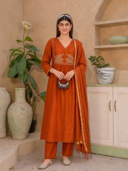 Aaghnya - Orange Viscose Blend Embroidered Anarkali Anarkali Kurta with Pant and Dupatta