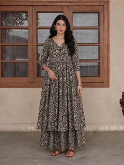 Aaghnya - Women's Black Viscose Rayon Printed Anarkali Kurta with Palazzo