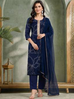 Aaghnya - Blue Women's Viscose Rayon Printed Straight Kurta with Pant and Dupatta