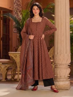 Aaghnya - Brown Viscose Rayon Printed Anarkali Anarkali Kurta with Palazzo and Dupatta