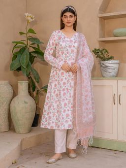 Aaghnya - Women's White Viscose Rayon Printed Straight Kurta with Pant and Dupatta
