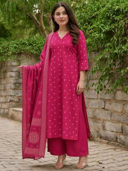 Aaghnya - Women's Pink Viscose Blend Printed Straight Kurta with Palazzo and Dupatta