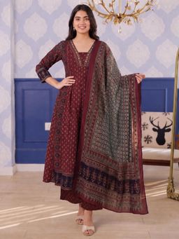 Aaghnya - Maroon Viscose Rayon Printed Anarkali Anarkali Kurta with Palazzo and Dupatta