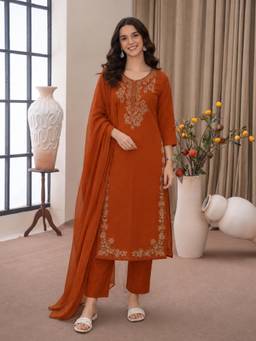 Aaghnya - Women's Rust Viscose Embroidered Straight Kurta with Pant and Dupatta