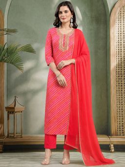 Aaghnya - Red Women's Viscose Rayon Printed Straight Kurta with Pant and Dupatta