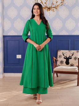 Aaghnya - Women's GREEN Viscose Rayon Solid A-Line Anarkali Kurta with Palazzo