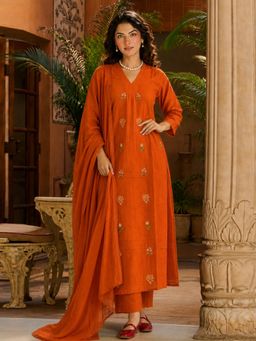 Aaghnya - Women's Orange Viscose Rayon Embroidered Straight Kurta with Pant and Dupatta