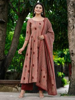 Aaghnya - Maroon Viscose Rayon Printed Anarkali Kurta with Palazzo and Dupatta