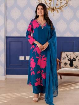 Aaghnya - Women's BlueViscose Rayon Floral Print Straight Kurta with Pant and Dupatta