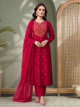 Aaghnya - Women's Pink VISCOSE Embroidered Straight Kurta with Pant and Dupatta