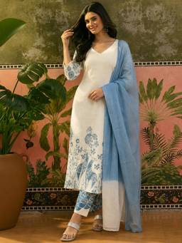 Aaghnya - Women's Cream Viscose Rayon Floral Print Straight Kurta with Pant and Dupatta