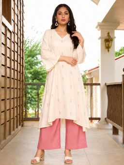 Aaghnya - Women's Cream Viscose Rayon Printed Anarkali Kurta with Palazzo