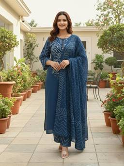 Aaghnya - Women's Viscose Rayon Blue Printed Straight Kurta with Pant and Dupatta