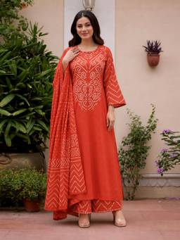 Aaghnya - Women's Orange Viscose Rayon Printed Straight Kurta with Palazzo and Dupatta