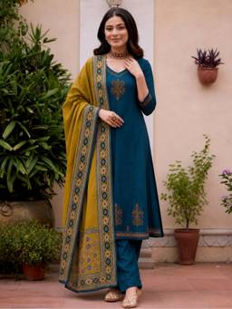 Aaghnya - Women's BlueViscose Rayon Printed Straight Kurta with Pant and Dupatta