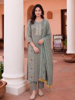 Aaghnya - Women's Green Viscose Rayon Printed Straight Kurta with Pant and Dupatta